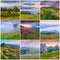 Collage with 9 square summer landscapes.
