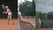 collage, active girl in sports uniform with racket in her hands plays big tennis on court
