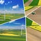 Collage of aerial view of wind turbine. Rapeseed blooming. Windmills and yellow fields from above. Agricultural fields on a summer