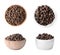 Collage with allspice pepper in bowls on white background