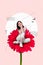 Collage artwork graphics picture of dreamy funny lady sitting inside red flower isolated painting background
