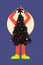 Collage artwork graphics picture of funky funny xmas tree putting star top isolated painting background