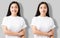 Collage of asian girl in blank template t shirt isolated on gray background. Young woman in tshirt with copy space and mock up