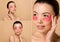 Collage with attractive naked asian girl with pink collagen eye pads