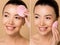 Collage with attractive smiling nude asian girl using silicone cleansing facial brush