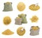 Collage with bags and piles of uncooked bulgur on white background