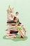 Collage banner advert of little girl sitting stack book dream inspiration bright smart knowledge