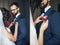 Collage of beautiful brunette bride pinning a boutonniere on hap