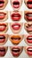 Collage of beautiful female lips with different color makeup on white background, vertical