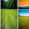 Collage of beautiful landscape of golf course and green field at sunset