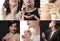 Collage of beautiful women with luxury jewelry and perfume