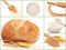 Collage with bread, wheat ears, wheat grains,fresh yeast dough on cutting board with rolling pin