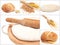 Collage with bread, wheat ears, wheat grains,fresh yeast dough on cutting board with rolling pin