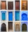 Collage of brown and blue doors in Morocco