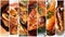 Collage of chicken meals . Set from various kinds of restaurant menu dishes in stripes