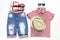 Collage of children clothing in marine style. Summer, spring boy outfit. Fashion trendy look