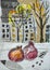 Collage of cityscape and still life with pomegranate