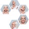 Collage close-up composition of five hexagonal nice attractive cheerful granny doing effective useful facial procedures