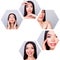 Collage close-up cropped view of five hexagonal attractive dreamy brunette lady doing effective useful facial procedure