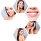 Collage close-up cropped view of five hexagonal attractive dreamy naked nude lady effective useful facial procedure