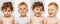 Collage of close-up portraits of cute little children posing isolated over white bckground