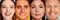 Collage. Close-up portraits of different people, men and women smiling, showing positive happy emotions. Delightful and