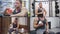 Collage close-up shot of a beefy male athlete sitting on a bench in the gym locker room and drinking a protein shake