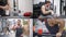 Collage close-up shot of a beefy male athlete who is in the gym and swinging, being coached. he sits and mixes a protein