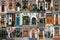 A collage of colorful old wooden front doors from Amsterdam and the Hague in Holland. Different beautiful entrance doors