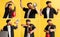 Collage of comic portraits of stylish red-bearded man, barber in black cap having fun isolated over yellow background.