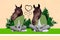 Collage composite picture of two head disguise mask animals mammal horses sitting together love story isolated on nature