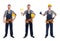 Collage of construction worker in uniform with different tools on white