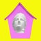 A collage of contemporary art. The plaster head of the sculpture is in a pink house on a yellow background. The concept of social