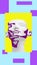 Collage contemporary art. White sculpture of an Egyptian pharaoh woman on a yellow background with a purple face pattern