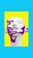 Collage contemporary art. White sculpture of an Egyptian pharaoh woman on a yellow background with a purple face pattern. Crown