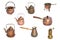 Collage of copper kettles and pots on a white background