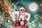 Collage creative picture of excited overjoyed funky grandfather santa driving moped bike full moon newyear magic