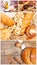 Collage culinary background with bread,egg,buns,drying bagels,wheat ears in a wicker basket, top view