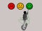 Collage about customer evaluation. The girl points to happy emoticon.