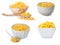 Collage with delicious canned corn on white background