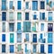 Collage of different blue old wooden doors from greek islands -