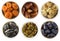 Collage of different dried fruits. Dried prunes, dried apricots, raisins, dates, figs isolated on white background. Top view. Drie