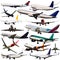 Collage of different modern airplanes on white background