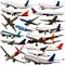 Collage of different modern airplanes on white background