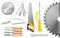 Collage with different modern carpenter`s tools on white background
