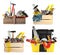 Collage with different modern carpenter`s tools on white background