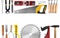 Collage with different modern carpenter`s tools on white background, top view