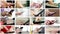 Collage of different people hands texting SMS on smartphones