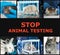 Collage with different photos and text STOP ANIMAL TESTING