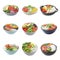 Collage of different poke bowls isolated on white